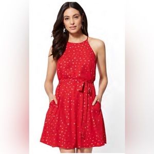 New York & CO Red Silver Star Sash Belt Dress